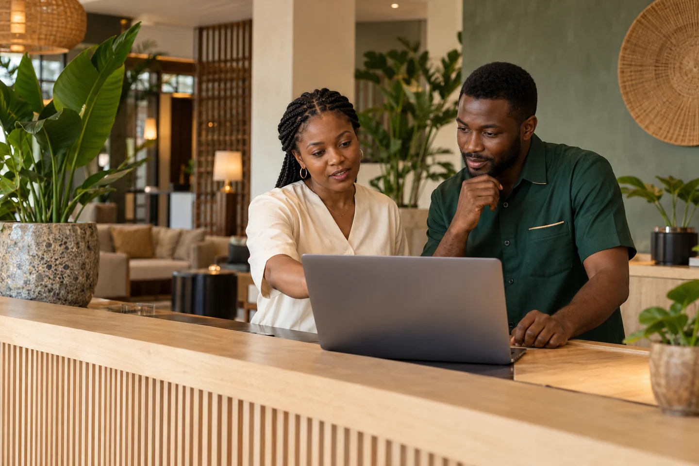 A hotel manager and reception colleague reviewing the day together