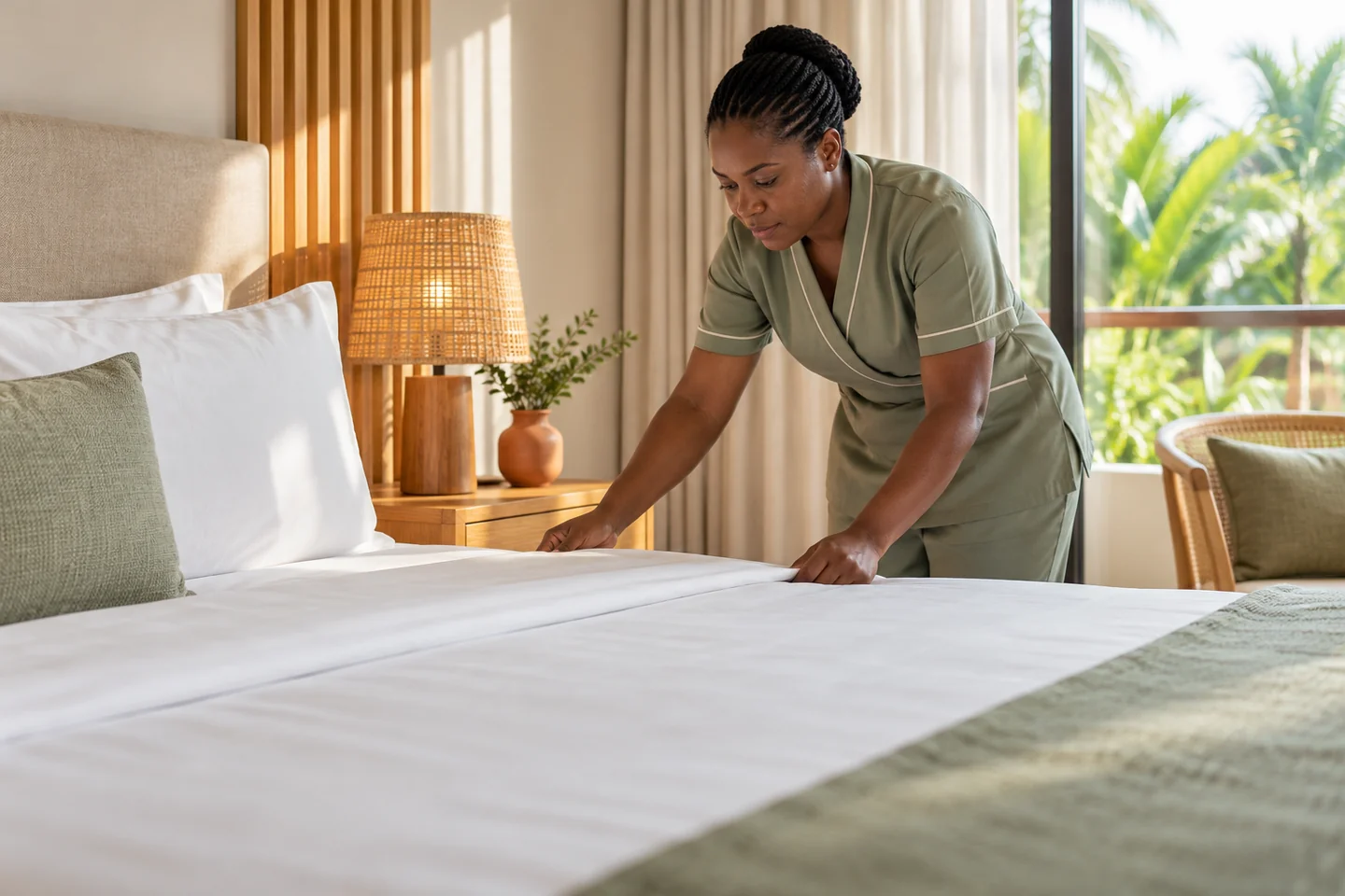 A housekeeping attendant carefully preparing a guest room