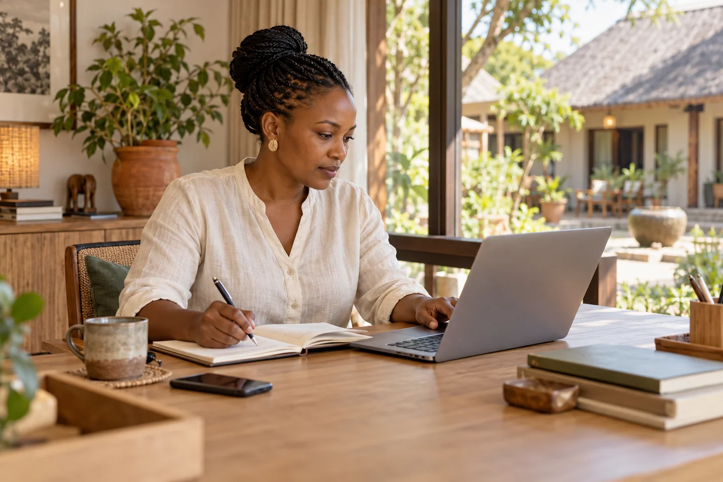 A hotel operator reviewing property information with a laptop and notebook