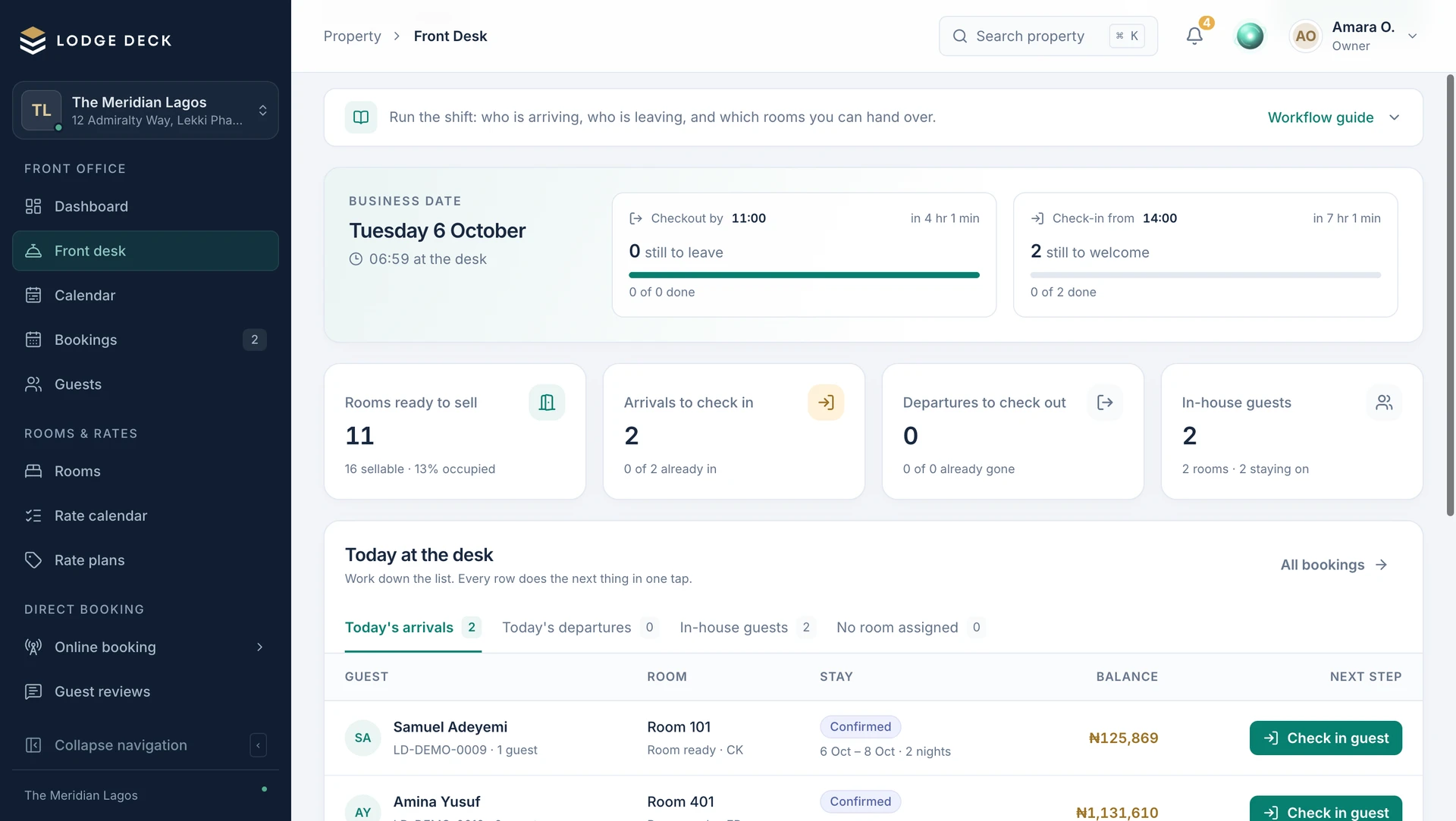 Front desk workspace with arrivals, room assignments, booking sources and check-in status.