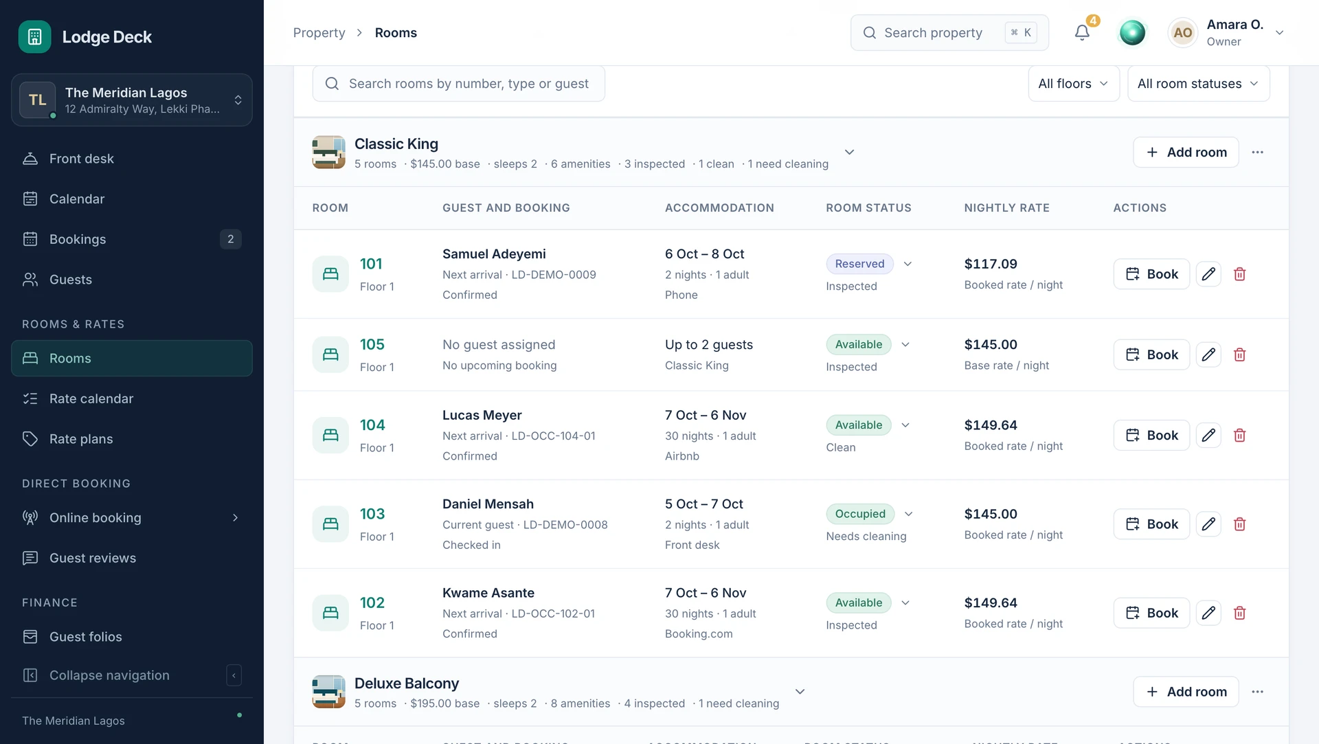 LodgeDeck room management showing inspected, available, reserved and cleaning statuses.